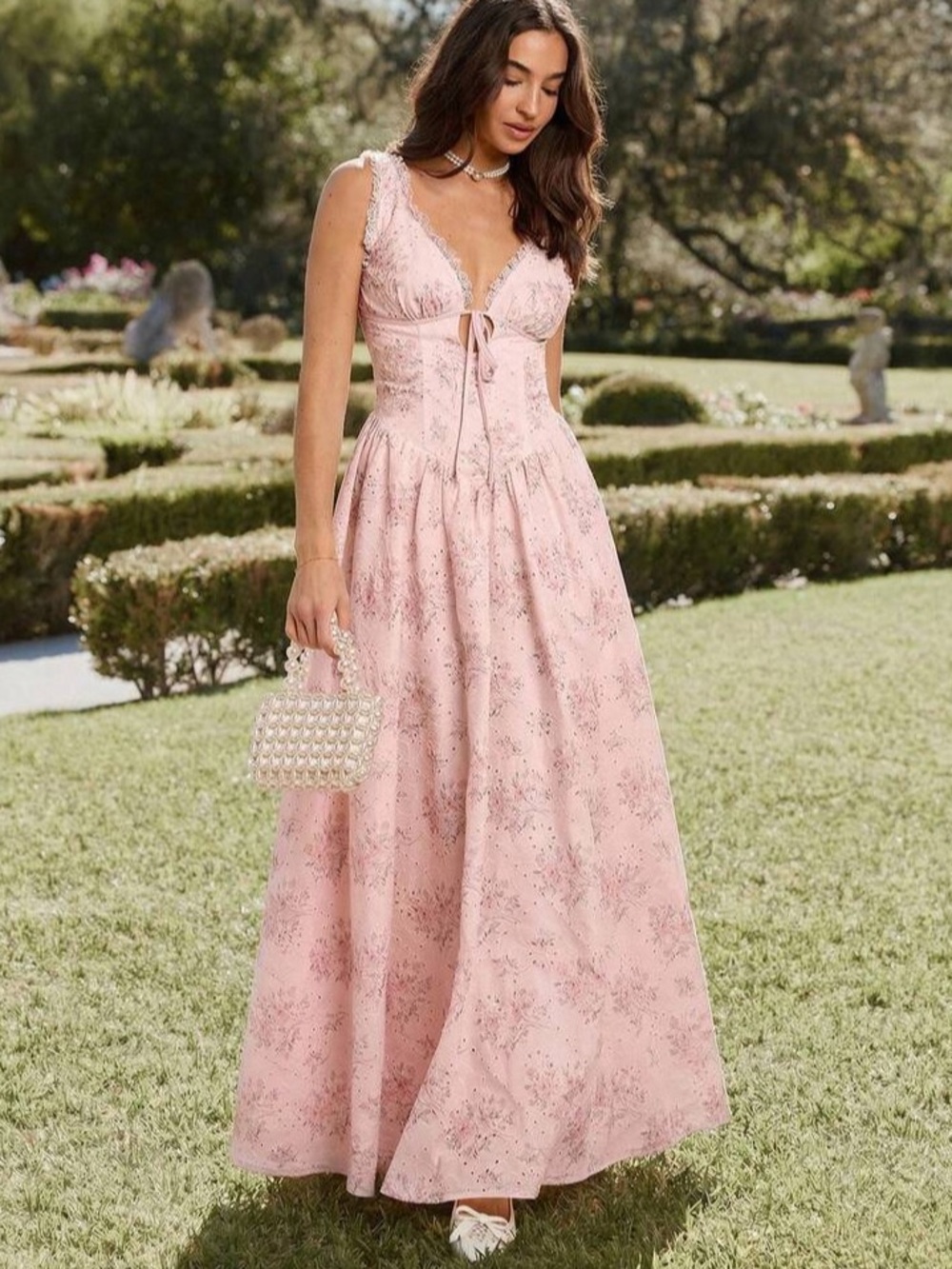 Romantic Pink Floral Maxi Dress with Lace Trim - Worn Once